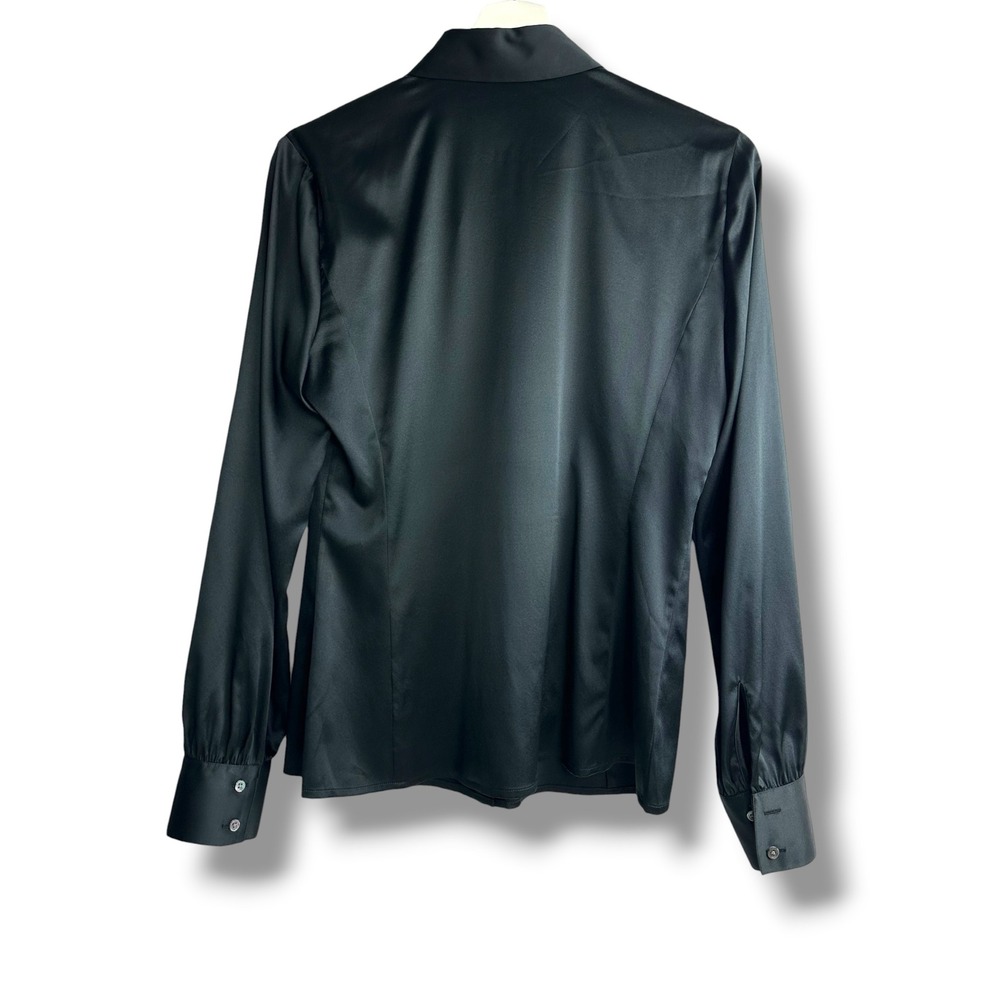 Ann Taylor Silk Blend Button Down Blouse Womens 6 Black Excellent Satin Stretch - Picture 3 of 8